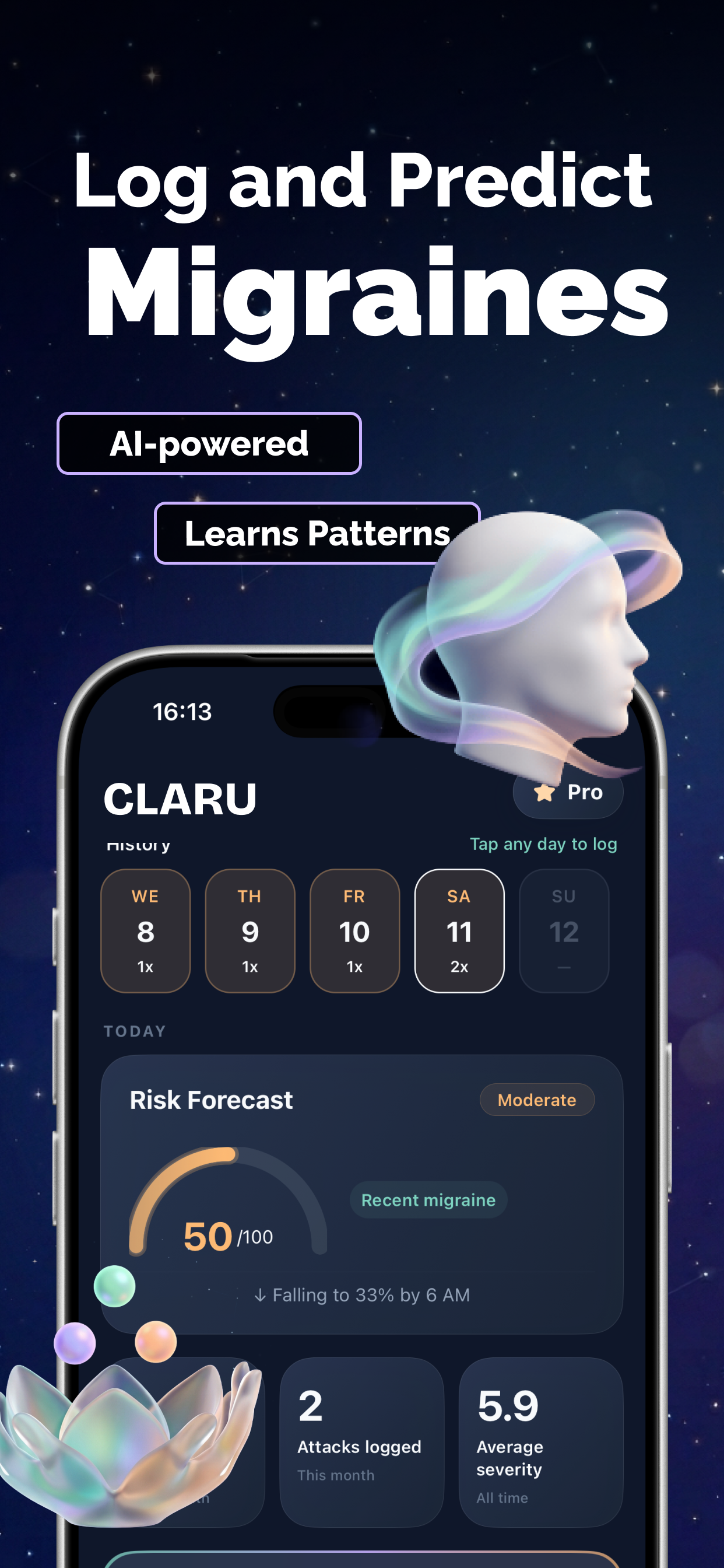 Claru migraine risk forecast and attack history screen
